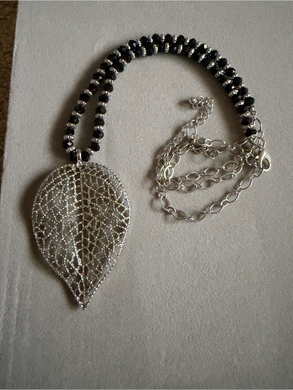 Silver Filigree Leaf Pendant Necklace with Black Beaded Chain